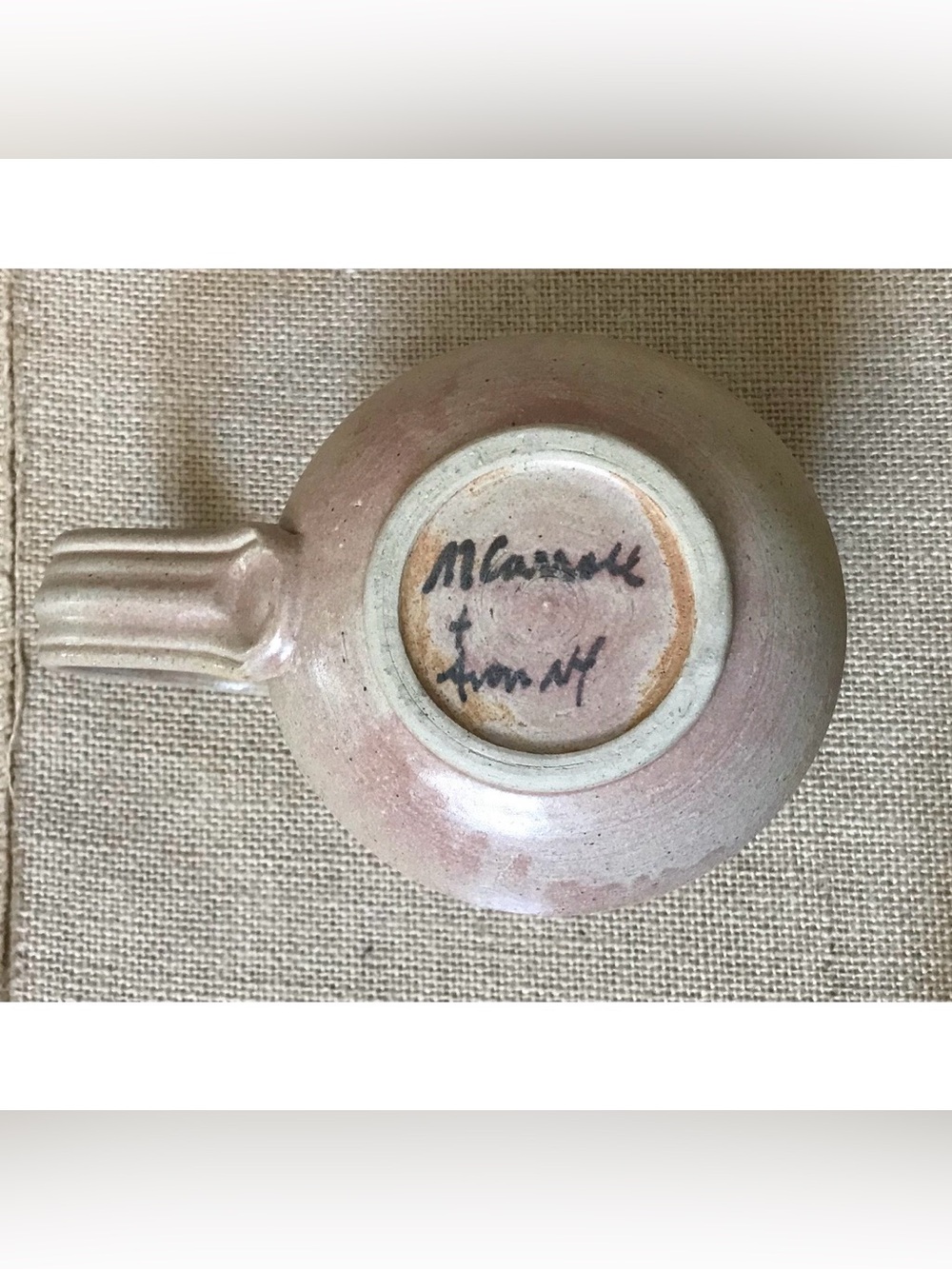Handmade Pottery Mug Cup Double Spiral Eye Symbol Beige Brown Wide Handle - Picture 6 of 9